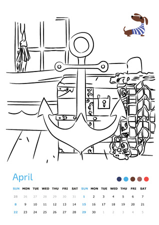 Vector Illustration. Drawing calendar A4. Sea. April 2018. Year of the dogのイラスト素材