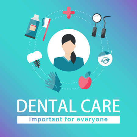 Vector Illustration. Dental care elements on gradient green and purple background. Important for everyoneのイラスト素材