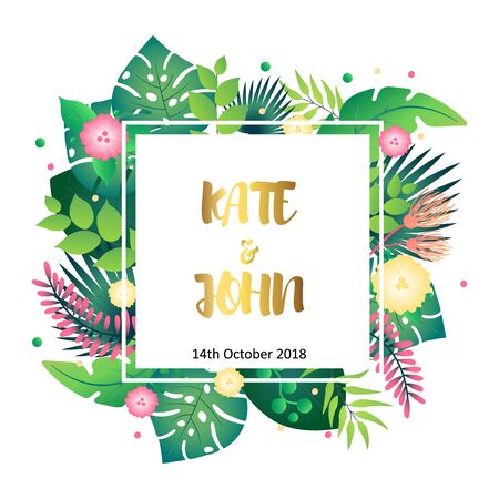 Wedding invitation template with tropical leavesのイラスト素材