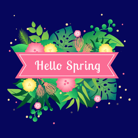 Hello spring card with tropical leaves Templateのイラスト素材