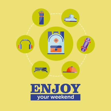 Enjoy your weekend typography with Set of packpack, glasses, skateboard, bottle for water, sneakers, cap on yellow backgroundのイラスト素材
