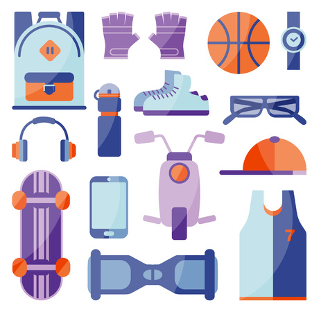 Set of Clothing and shoes for active recreation. Equipment for sports and summer active relax in Flat icons.のイラスト素材