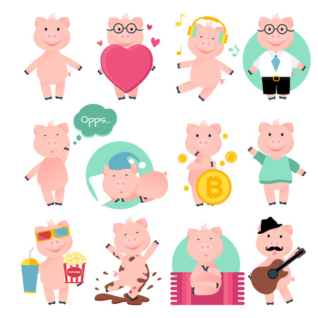 Vector Illustration. Cartoon funny pig. Set of pigs in different style, such as: lover, moviefan, yoga pig, musician, and othersのイラスト素材
