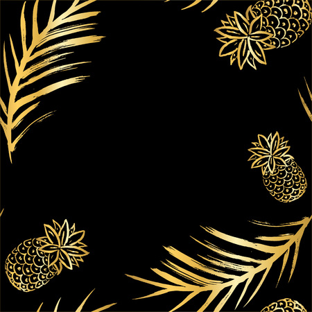 Vector Illustration. Golden pineapples seamless pattern. Tropical decorative fruit icons. Hand draw paint ananases and tropical leaf and on black background.のイラスト素材