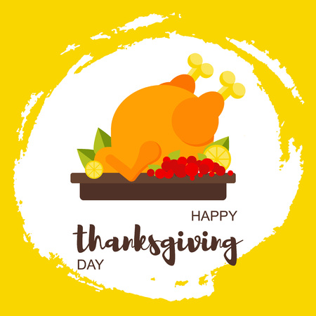 Vector Illustration. Happy Thanksgiving Day card with chicken and Maple Leaves, fruits on hand drawn splodge. Modern flat styleのイラスト素材