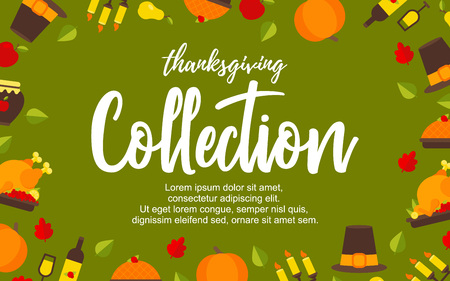 Vector Illustration. Poster with thanksgiving icons on green background. Thanksgiving elements collection with additional place for text. Background for designのイラスト素材