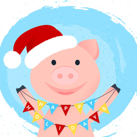 Vector Illustration. Cartoon happy pig. Happy Holidays on pennant with cartoon smilling piggy in Santa Claus's hat on hand draw splodge with flakes backgroundのイラスト素材