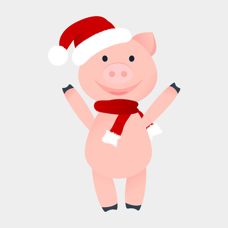 Vector Illustration. Cartoon happy pig in Santa Claus's hat and scarf isolated. Pig is standingのイラスト素材