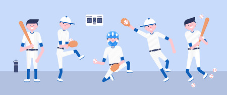 Vector Illustration. Set of baseball cartoon players: catcher, pitcher in modern flat style. Baseball equipment icon. Baseball characters teamのイラスト素材