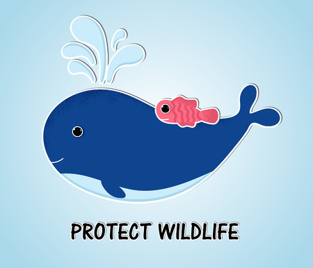 Ð¡artoon style blue whale with fish in the ocean. Design template card with text Protect Wildlife. Ecological concept, ocean pollution, environmental protection, saving the planetのイラスト素材