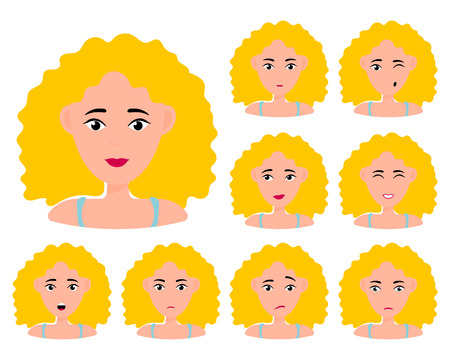 Beautiful woman portrait with different facial expressions set isolated. Young girl smiling, surprised, happy, smiling, idea, kind, angry, greeting emotion face vector character. Blond femaleのイラスト素材