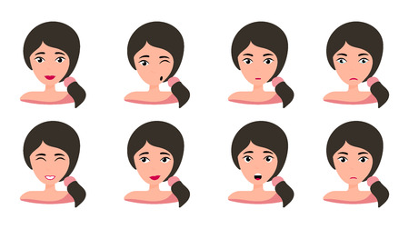 Female young character face set with different emotion. Brunette girl with happy, angry, unhappy, laughing, scared, wow, fun emotions. Vector Illustrationのイラスト素材