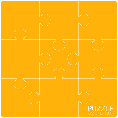 Pieces puzzle yellow background, banner, blank. Vector jigsaw section template isolated. Background with puzzle orange mosaic, details, tiles, parts. Square outline frame jigsaw. Game group detailのイラスト素材