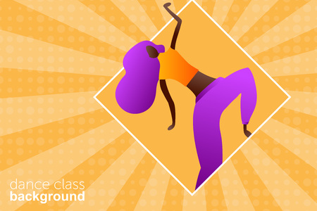 Woman character dancing in a modern flat style. Happy Woman in yellow purple colors. Teen dancing vector illustration. Retro style. Backgroundのイラスト素材