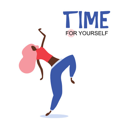 Woman character standing in a modern flat style. Dancing girl in garden. Time for yourself. Vector illustration.のイラスト素材