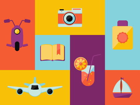 Vector Illustration. Travelling icons set, such as: moto scooter, book, cocktail, plane, ship, camera, suncreamのイラスト素材