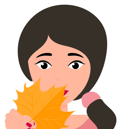 Young woman face and autumn leaf in hand. Autumn concept. Brunette face with season decoration element. Vector Illustration.のイラスト素材