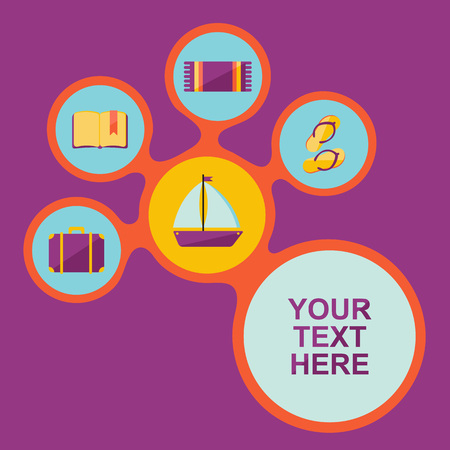 Vector Illustration. Card with elements, such as: beach towel, book, ship, bag, slippersのイラスト素材