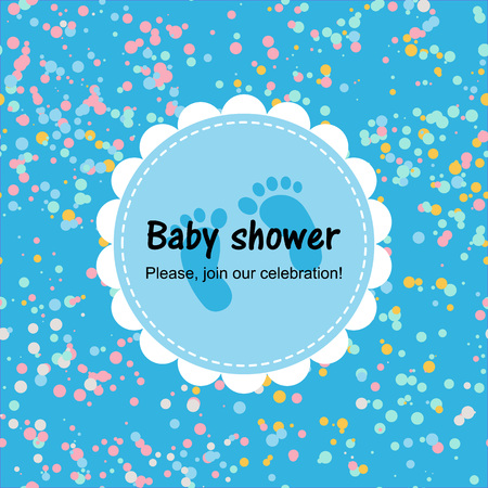 Vector Illustration. Baby shower card with confetti. Blue poster with baby steps. Template invitationのイラスト素材