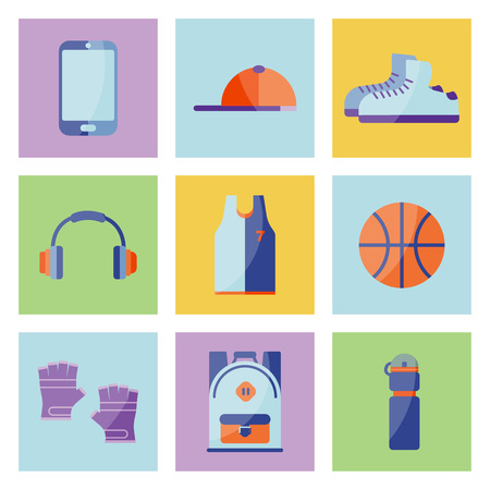 Vector Illustration. Equipment for summer relax. Set of sneakers, cap, phone, gloves, backpack, ball, t-shirt, bottleのイラスト素材