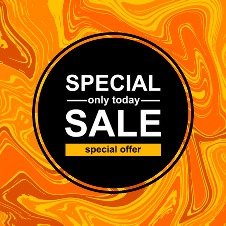 Vector Illustration. Circle banner with Special sale. Black card for hot offer with frame fire graphic like marble effect. Templateのイラスト素材