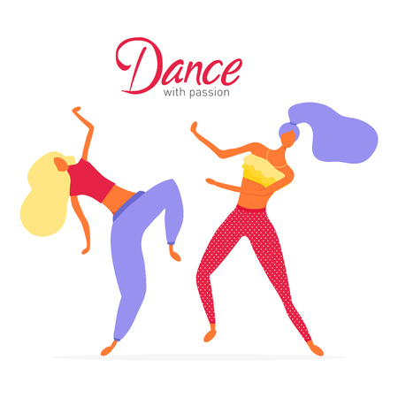 Dance with passion poster. Women character dancing in a modern flat style. Teens dancing vector illustration. Dance class conceptのイラスト素材