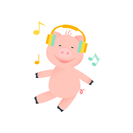 Vector Illustration. Cartoon funny pig. Music pig. Relaxのイラスト素材