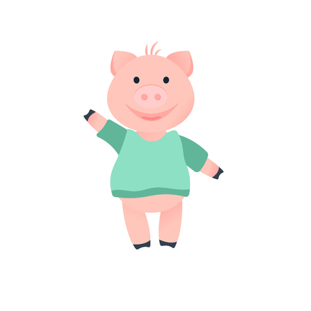 Vector Illustration. Cartoon funny pig. Piglet in T-shirt. Smiling pigのイラスト素材