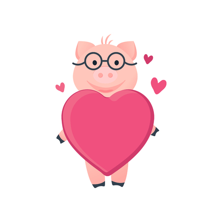 Vector Illustration. Cartoon funny pig. Pig with heart. Love you pigletのイラスト素材