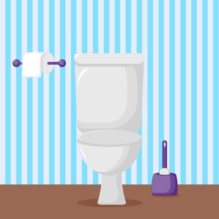 Vector Illustration. White ceramics toilet, toilet paper and toilet brush. modern toilet set in flat styleのイラスト素材
