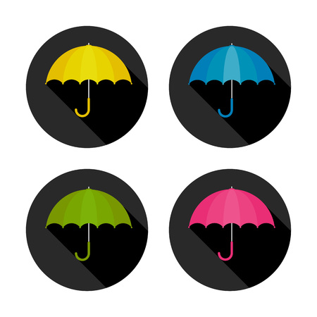 Vector Illustration. Set of umbrellas on black circles with shadow. Umbrella in cartoon style for designのイラスト素材