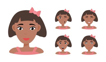 Face expressions of African American woman with dark hair. Different female emotions set. Attractive cartoon character. Vector illustration isolated on white backgroundのイラスト素材