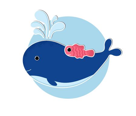 Vector Illustration. Cartoon whale icon in modern flat style. Ocean animal fish character. Isolated whale or delphine on blue circle with red fishのイラスト素材