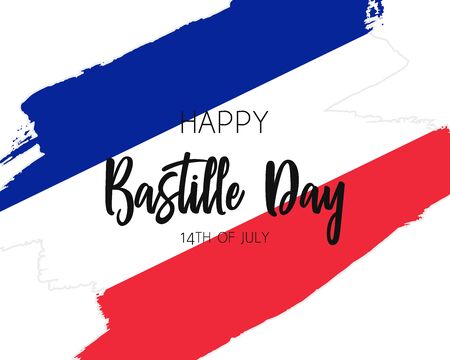 Hand draw Happy Bastille Day flag in vector format. Blue, white, red flag with words Happy Bastille Day for poster. French freedom symbol background. Concept design. 14 julyのイラスト素材