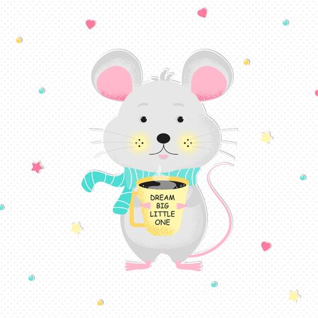 Cute cartoon mouse in scarf. Vector poster for boy or girl baby shower card, birthday card background with words Dream Big Little One.  Vector Illustrationのイラスト素材
