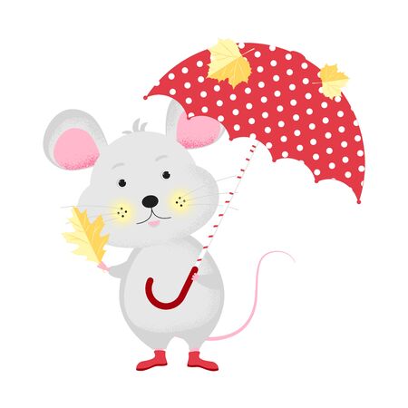 Isolated cute cartoon Mouse with umbrella and autumn leaves.  New Year card, t-shirt composition, handmade, animal symbol of 2020. Vector illustrationのイラスト素材