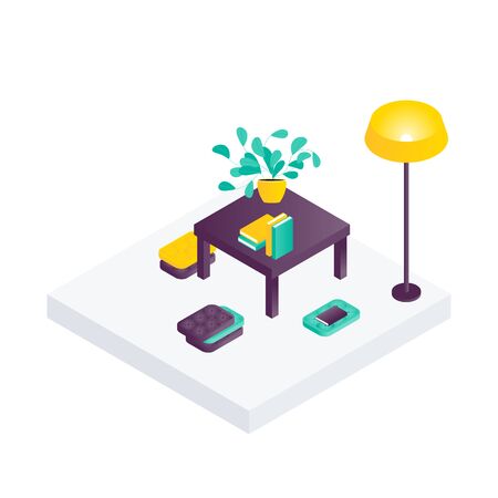 Sitting room isometric interior design composition with cumbersome objects lounge furniture, floorlamp and books. Vector illustrationのイラスト素材