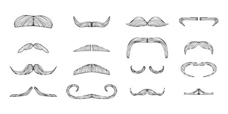 Set of isolated doodle style moustache sketch in vector format. Handlebar mexican black icon. Clipart outline element for barbershop.のイラスト素材
