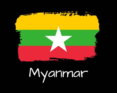 Isolated Hand draw Myanmar flag. Vector Illustration. National Myanmar banner for design on black background.のイラスト素材