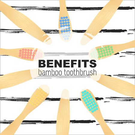Bamboo brush on wood background for dantist poster. Concept zero waste, recycling, friendly protection, benefits. Vector Illustrationのイラスト素材