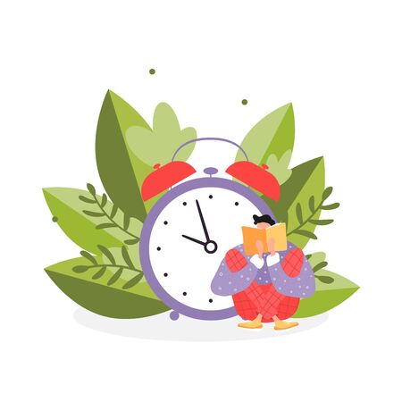Isolated man reading a book. Flat illustration with boy, open book sitting in big leaves and big clock. Poster for education, library, culture festival day. Reader smart young character.のイラスト素材