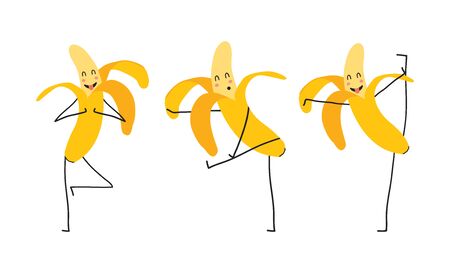 Set of isolated cute character banana meditate, dance, have a fun. Vector flat cartoon icon on white background. Kid banana for health, fitness nutrition. Vector Illustrationのイラスト素材