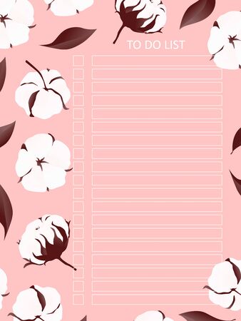 Printable A4 cute business to do list with check boxes. Cotton flower on pink background. Day planner template. Vector Illustrationのイラスト素材