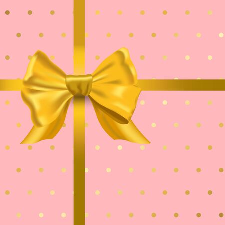 Decorative realistic gold bow with horizontal and vertical gold ribbon on dot background. Vector golden bow for page decor isolated. Vector Illustration.のイラスト素材