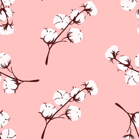 Seamless pattern with cotton vector plant on pink background. Realistic bio flower for print or romantic decoration. Vector Illustrationのイラスト素材