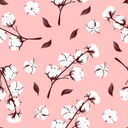 Seamless pattern with cotton vector plant on pink background. Realistic bio flower for print or romantic decoration. Vector Illustrationのイラスト素材