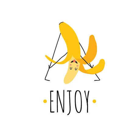 Enjoy card with cute character banana meditate, dance, have a fun. Vector flat cartoon icon. Kid banana for health, fitness nutrition. Vector Illustrationのイラスト素材