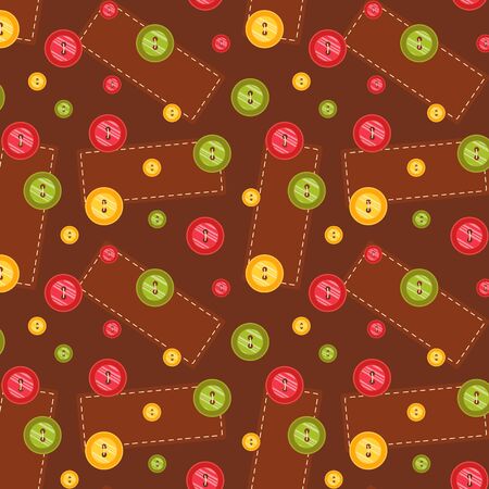 Seamless pattern with colorful cloth buttons on brown tissue. Vintage paper template for gift, sale, shop, card. Vector Illustrationのイラスト素材
