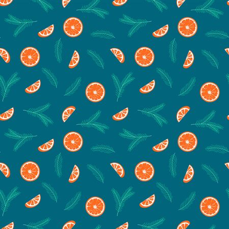 Seamless pattern with Christmas tree branch and orange slice in scandinavian style. Hygge concept background. Winter wallpaper ornament. Vector Illustrationのイラスト素材