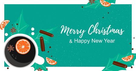 Banner with cup, orange, green leaf, star anise composition. Blank template for sale, poster, promo, wallpaper, background. New Year symbol. Vector Illustrationのイラスト素材